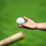 Hand Holding a Rounders Bat and Ball